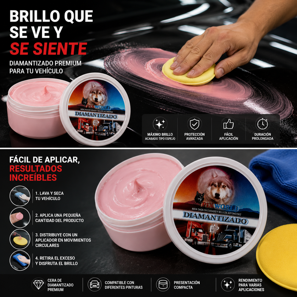 Diamantizado Premium Pix World – Cera de Máximo Brillo Espejo y Protección